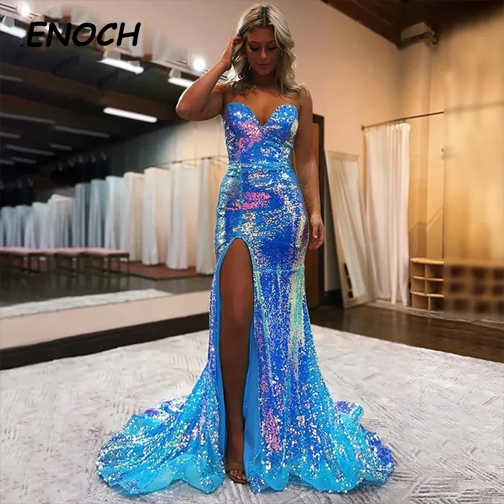 

ENOCH Sparkly Mermaid Evening Dresses Sexy Side Slit Sleeveless Sequined Zipper Back Prom Gown Floor Length Vestidos De Fiesta