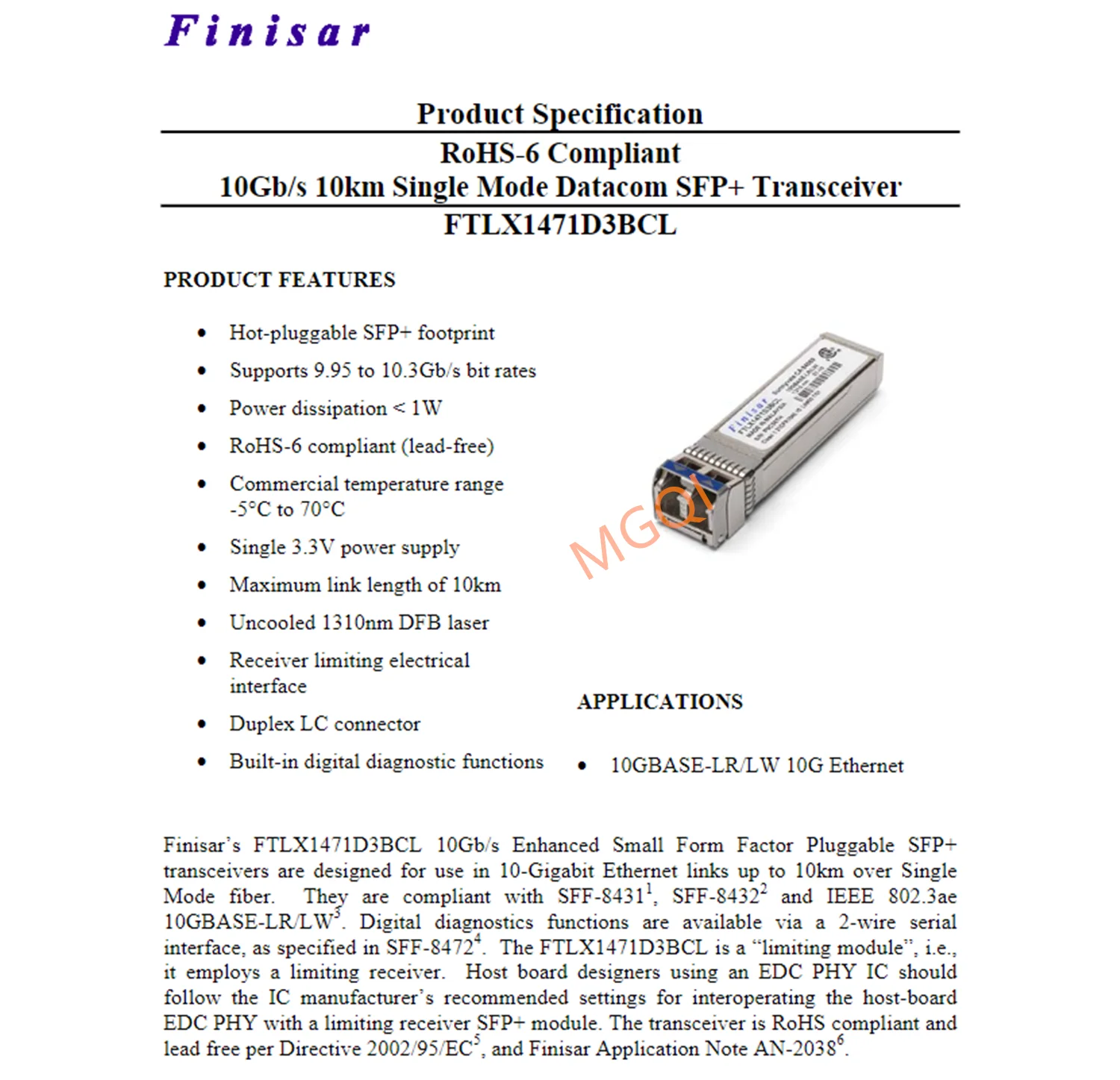 Finisar-Adaptateur de commutateur de fibre optique monomode, FTLX1471D3BCL, LR 1310NM, 10G Wrechargeable, 10km, SFP, Transcsec, 10G