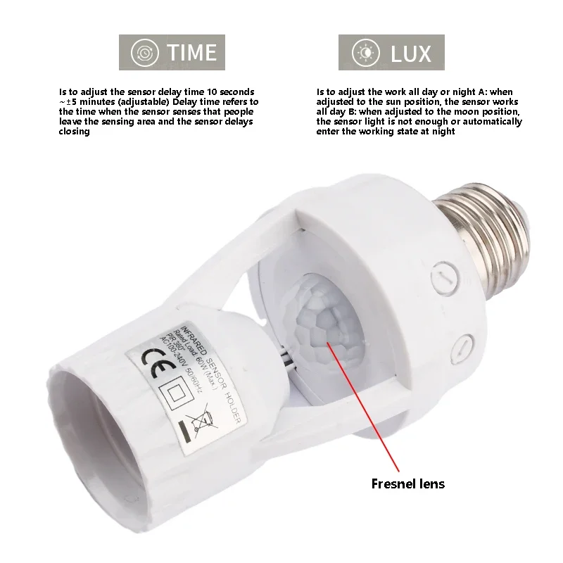 Commutateur de prise d'ampoule intelligente avec capteur de mouvement infrarouge, induction PIR résistante à 360, adaptateur de support de base de lampe, 110-220V