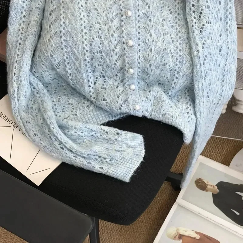 여성 니트 가디건 스웨터 재킷 패션 봄 가을 2024 신상 다용도 레저 얇은 스타일 홀로우 아웃 여성용 탑 코트