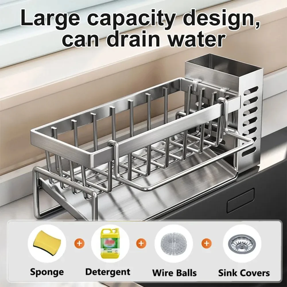 Évier de cuisine étendoir en acier inoxydable étagère d'évier de cuisine avec récipient à couverts porte-éponge à vaisselle organisateur de cuisine
