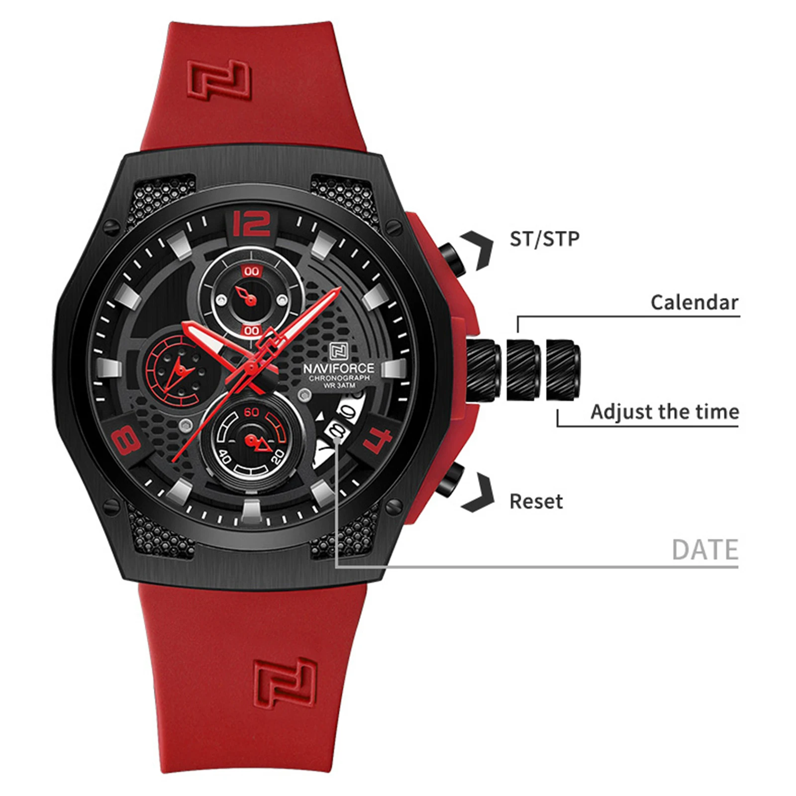 NAVIFORCE Men Red Silicone Band Watches Luxury Design Fashion Sport Luminous Hand Wristwatches Quartz Calendar For Male Clcok