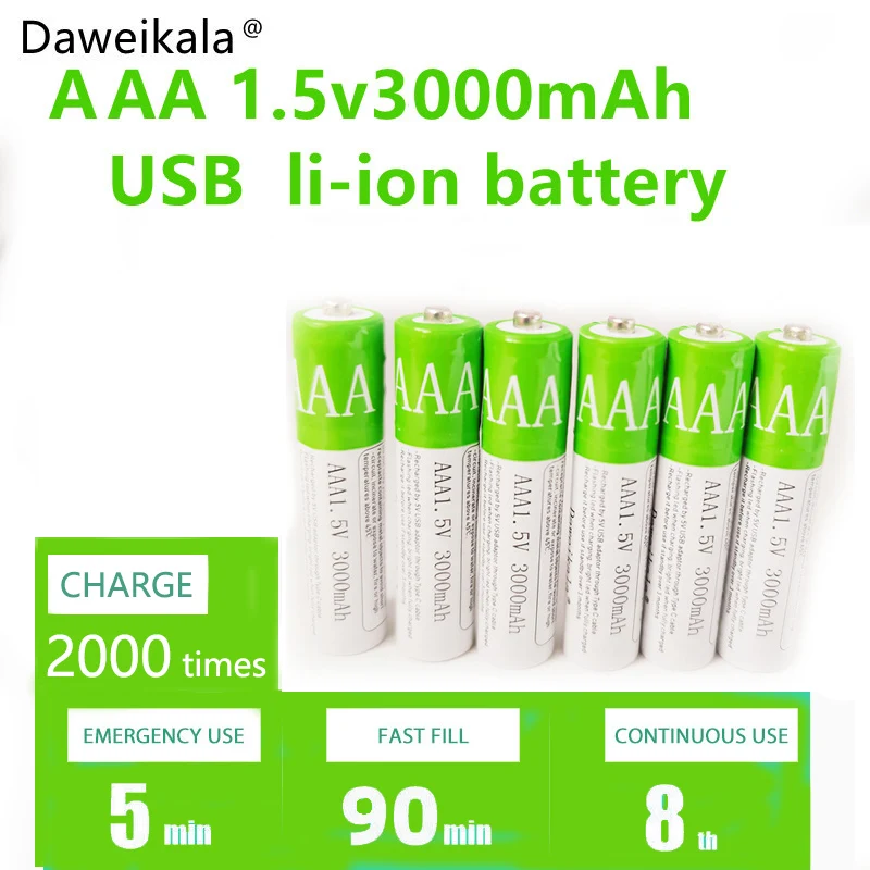 New2021 USB AAA Rechargeable Batteries 1.5V 3000 MAh Li-ion Battery for Remote Control MouseElectric Toy Battery + Type-C Cable