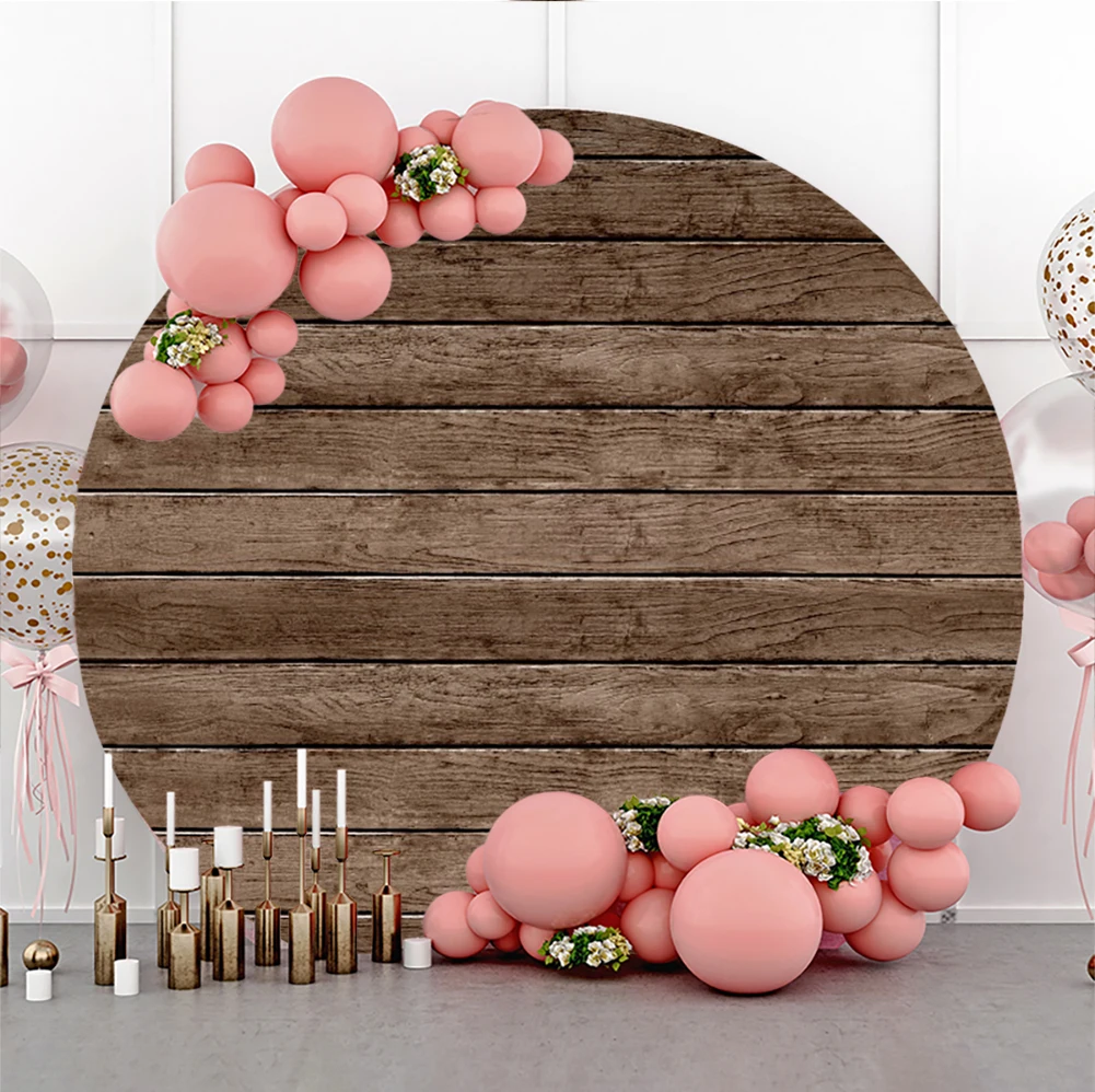 Round Photography Background Brown Wood Wall Texture Baby Shower Birthday Wedding Party Elastic Circle Backdrop Photo Studio