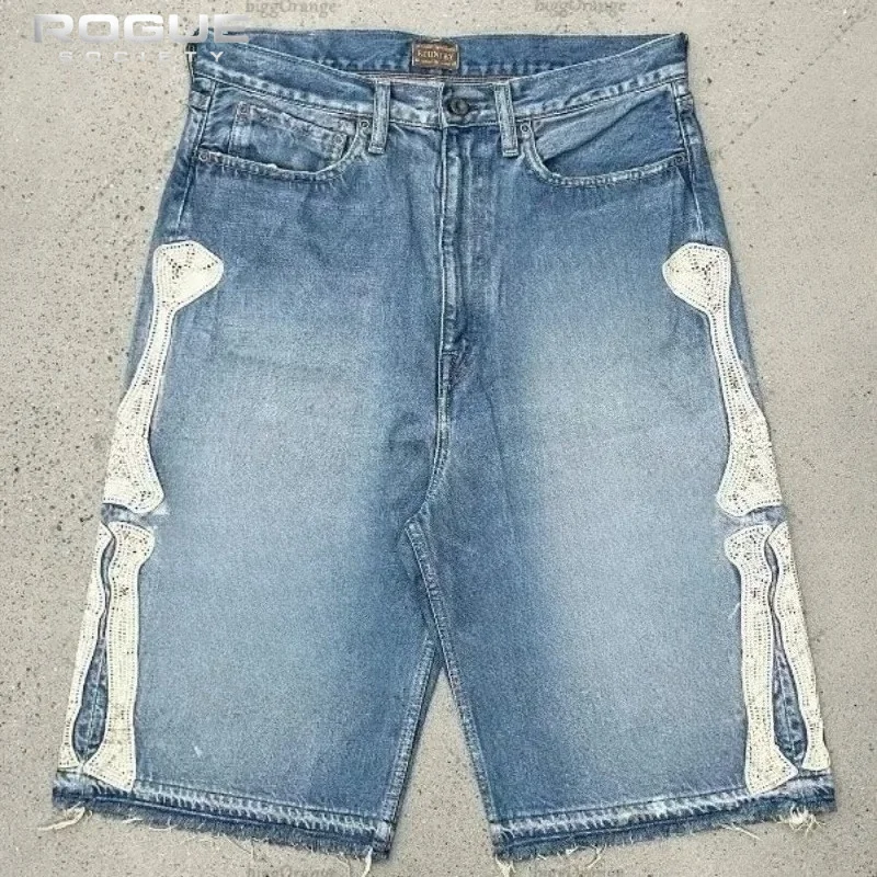 

Summer Y2k Baggy Luxury Men Jorts American Bone HipHop Distressed WideLeg Denim Shorts Vintage Casual High Street Jeans Harajuku