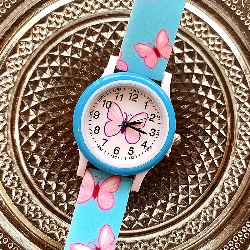 Nieuwe mode meisjeshorloges print vlinder cartoon horloge voor kinderen siliconen band quartz horloge kinder schattig polshorloge klok