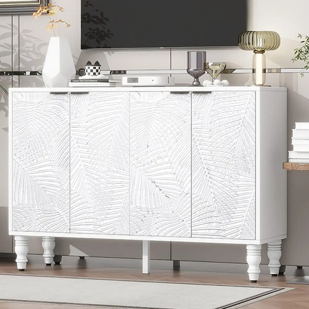 وحدة تحكم الوسائط الحديثة بحامل تلفزيون مع أبواب بنمط أوراق الشجر 47.2 بوصة مركز ترفيه 2 خزائن تخزين أرجل خشبية صلبة لغرفة المعيشة