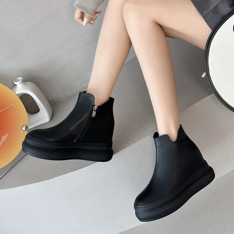 Fujin 9cm ROME Genuine Leather Synthetic Ankle Booties Chelsea Booties Women Autumn Stable Spring Support Platform Wedge Shoes