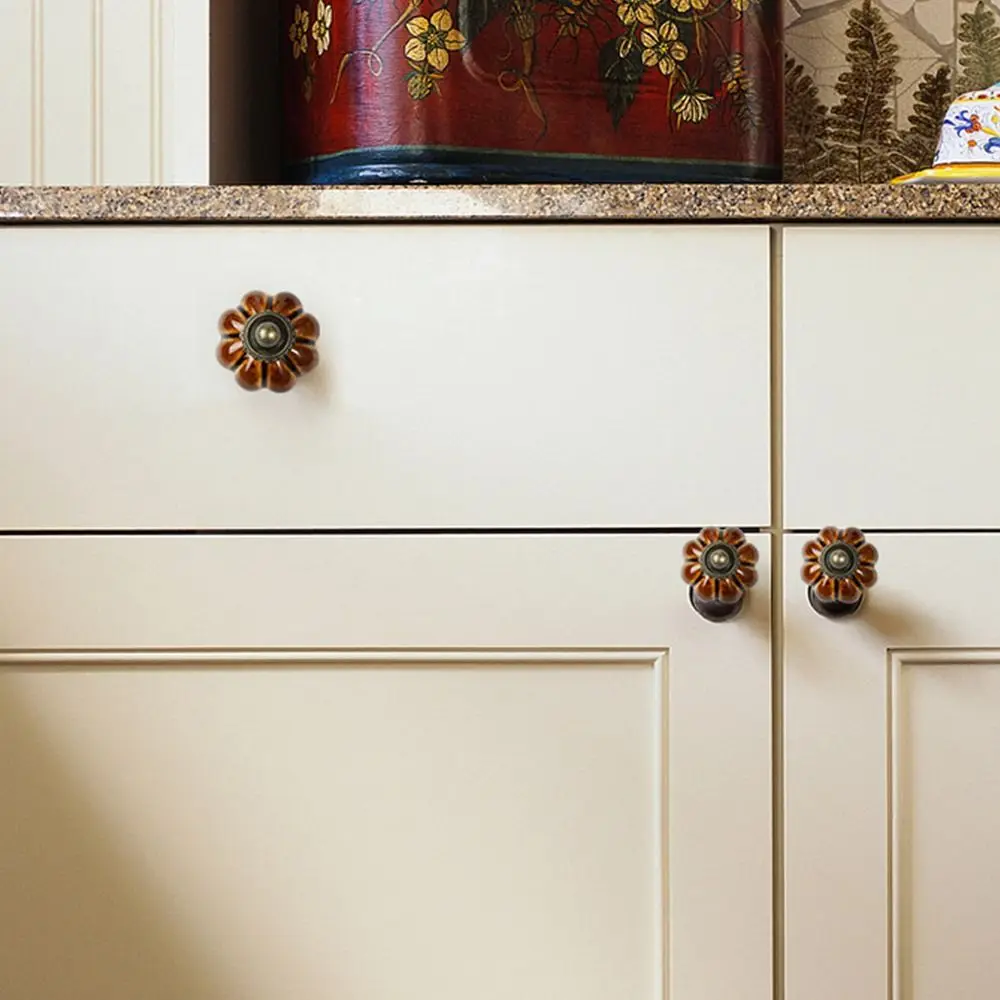 Retro Single Hole Ceramic Pumpkin Handle European Style Vintage Cabinet Knob Round Door Pull Handles Kitchen