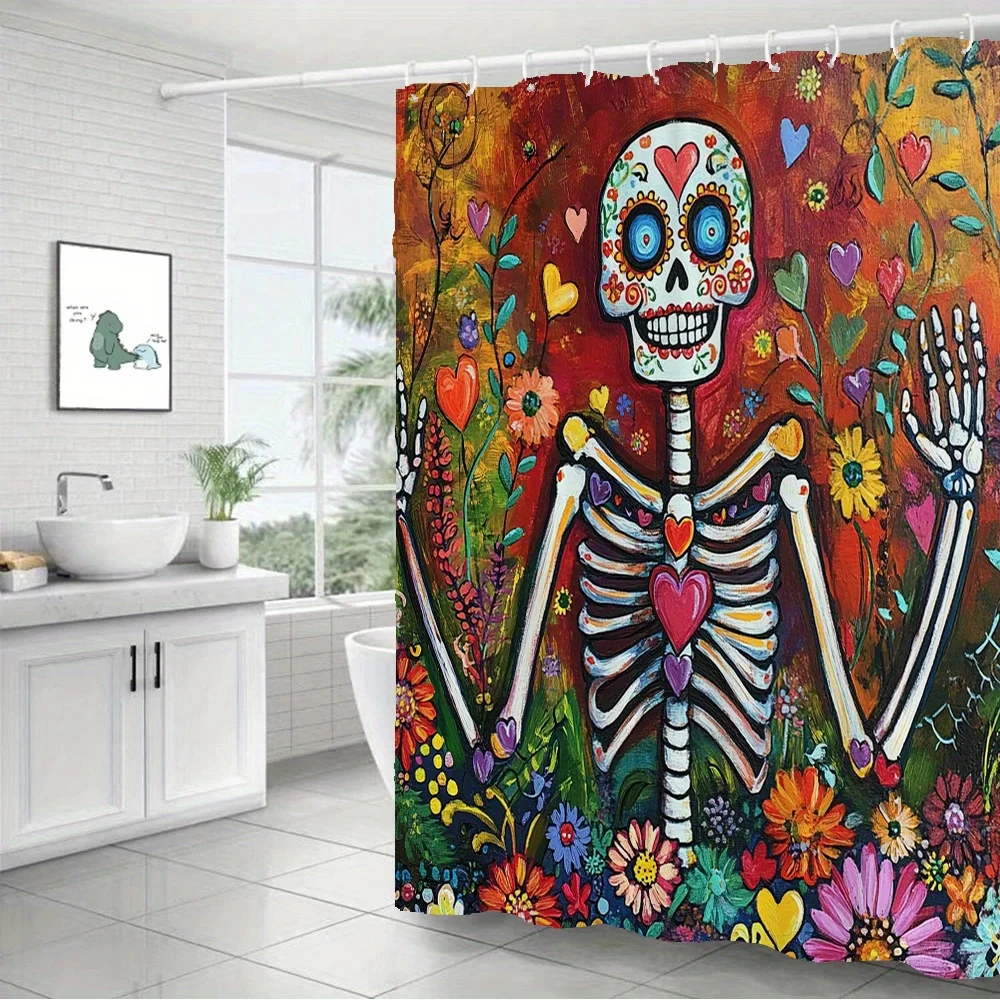 Mexican Sugar Skull Skeleton Shower Curtain Bath Curtain Vibrant Day of the Dead Colorful Design Polyester Fabric Bathroom