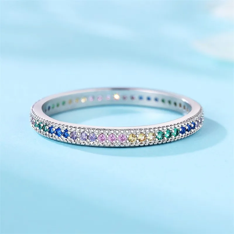 MISEFF Real 925 Sterling Silver Double Rings Simple Color Zircon Rings For Wedding Engagement Birthday Silver Jewelry Gift