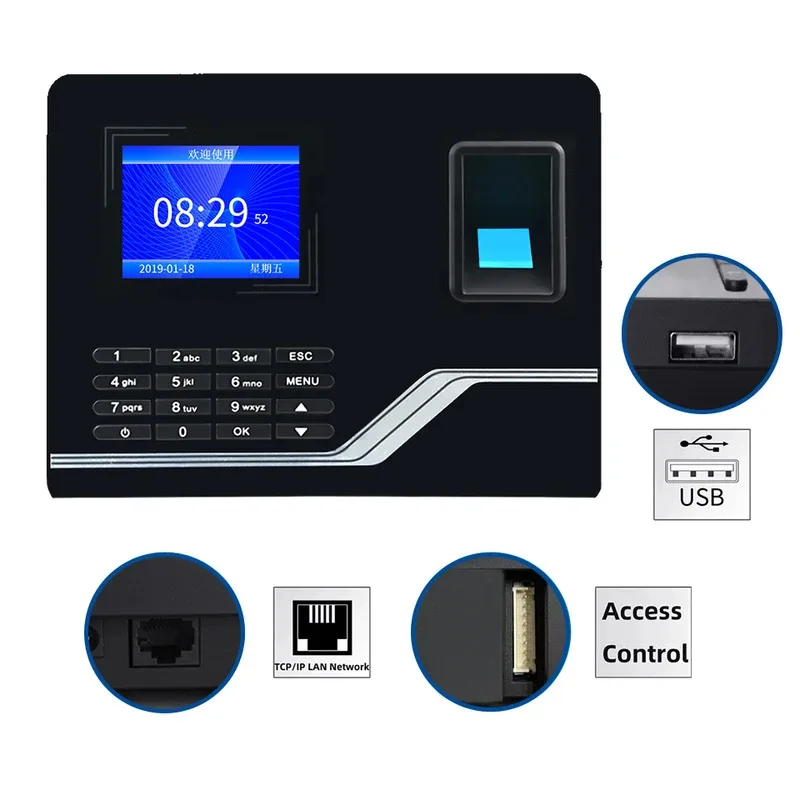 آلة الحضور الوقت الذكية TCP/IP الجديدة مع برنامج مجاني فلاش USB 2.8 بوصة TFT شاشة مسجل بصمات الأصابع