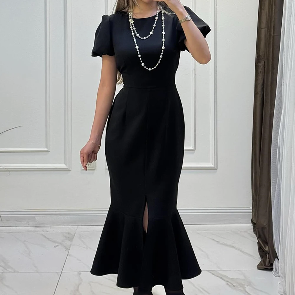 

Customized A-line Evening Dresses Tea-length Scoop-neck Short Sleeve Prom Gown Simple Fashion Draped Casual Party Gown