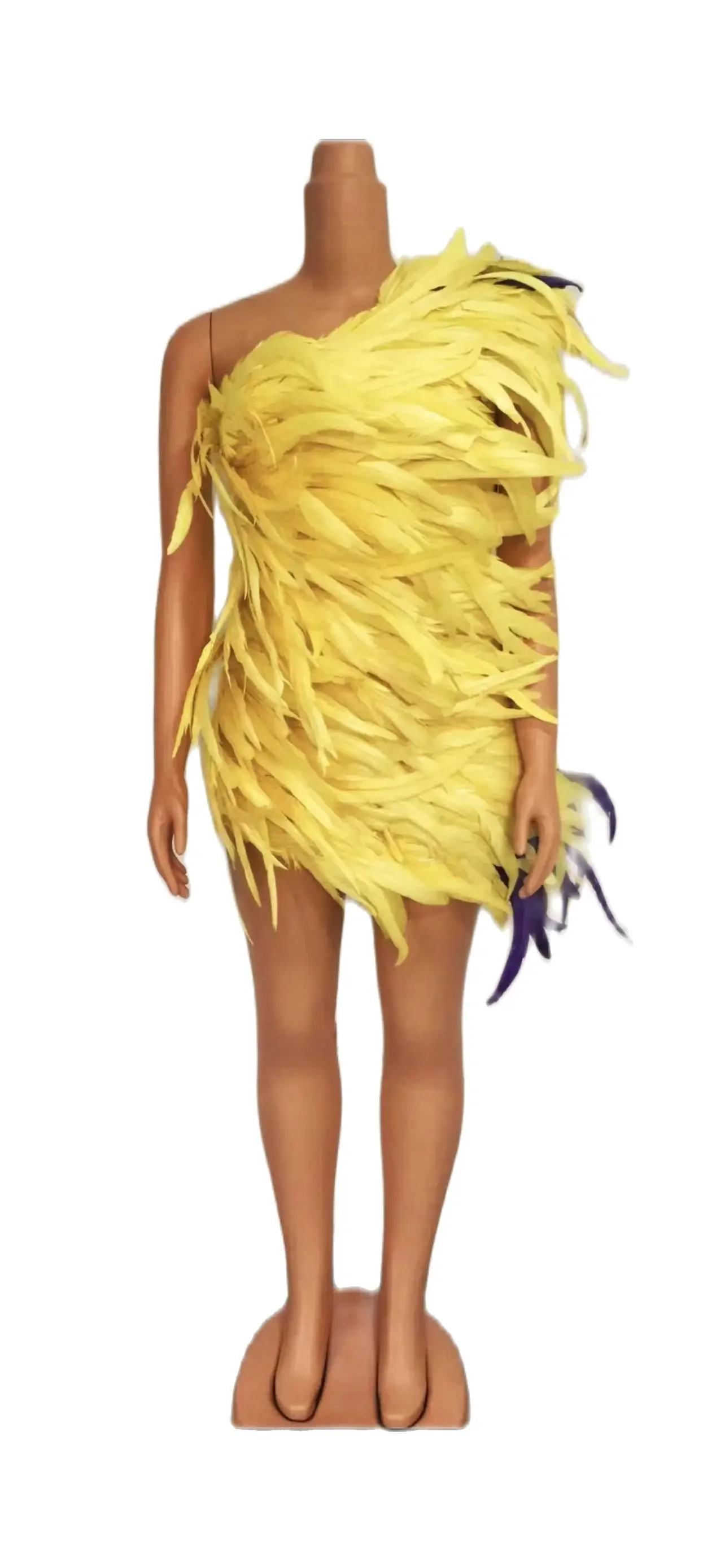 Yellow Feather Mini Stretch Dress Women Sleeveless Concert Outfits Showgirl Samba Carnival Costume Fairy Queen Dresses Fantasias