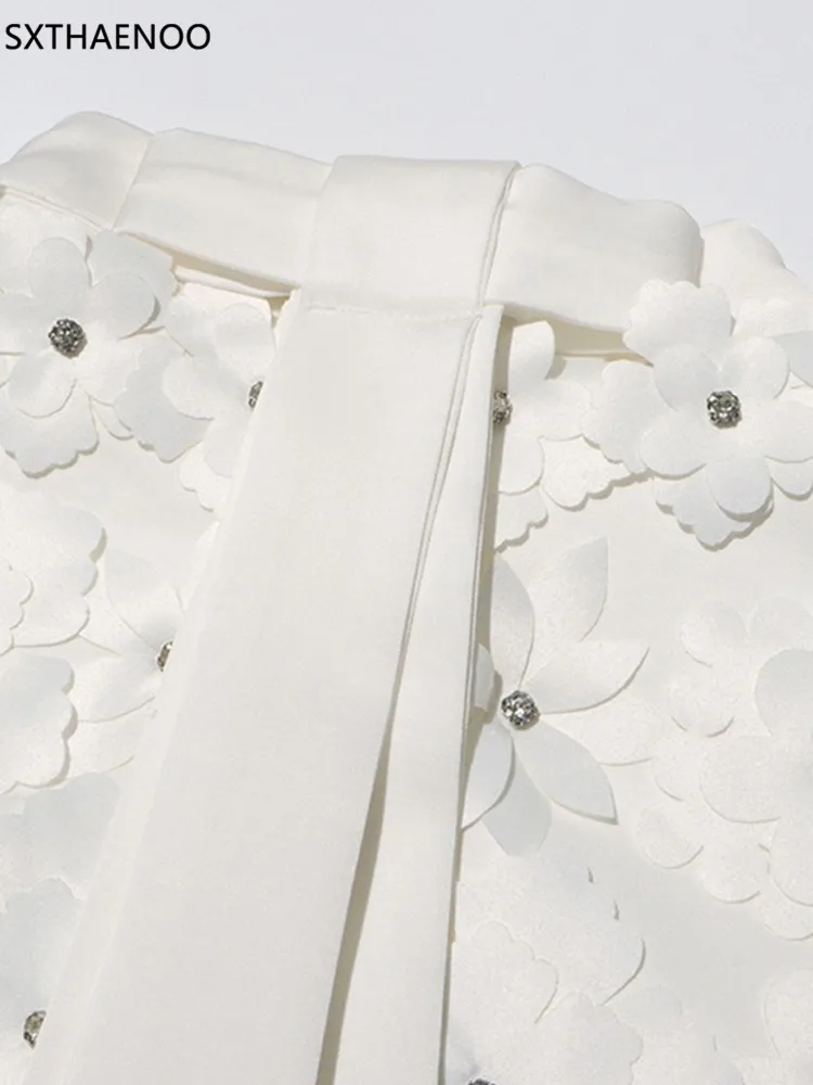 SXTHAENOO Zomer Dames 3D Bloem Diamant Witte Mini Jurk Sexy Opstaande Kraag Mouwloze Losse Celebrity Party A-lijn Dres