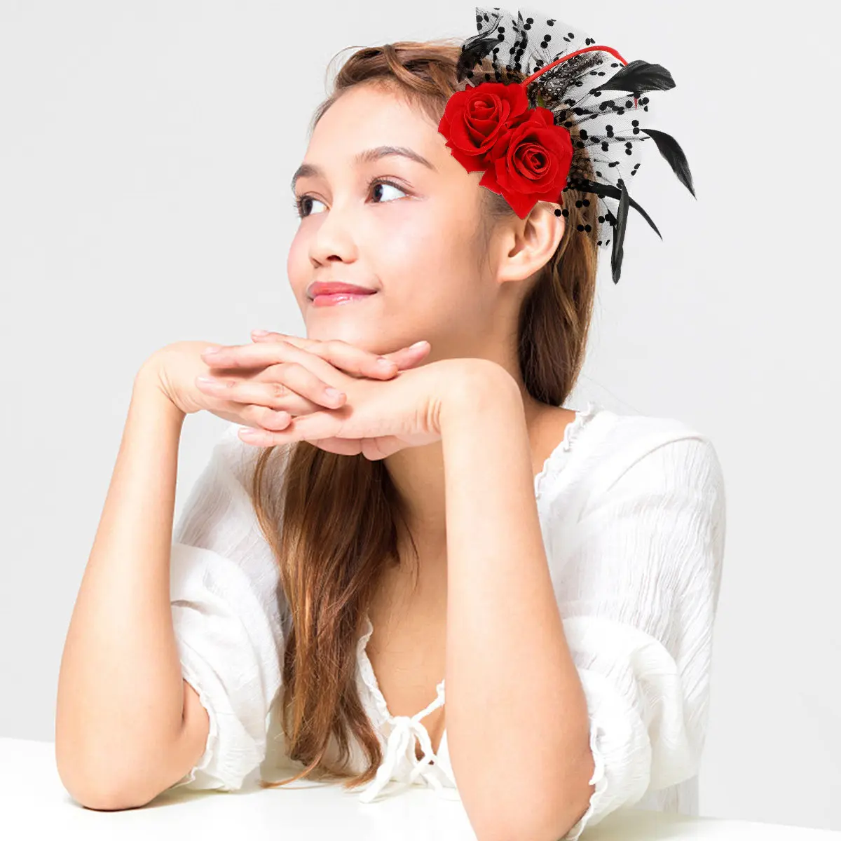 Red Rose Bridal Hair Clip with Floral Lace Design for Wedding Beach Prom Garden Party Photo Shoot Masquerade Ball