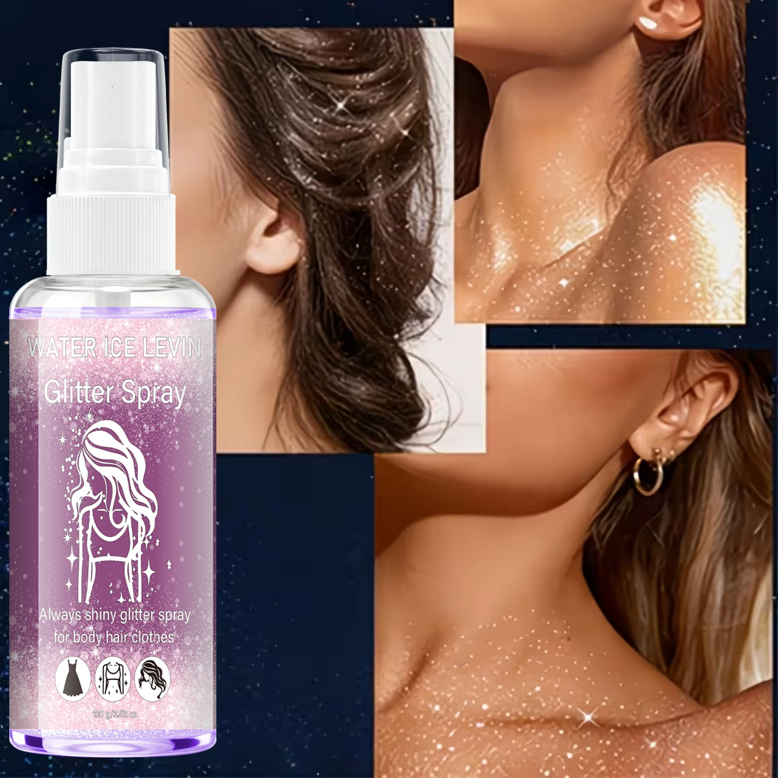 Glitter Spray with Keratin & Biotin, Shimmering Sparkle Mist for Body, Hair & Clothes, Hydrating & Firming