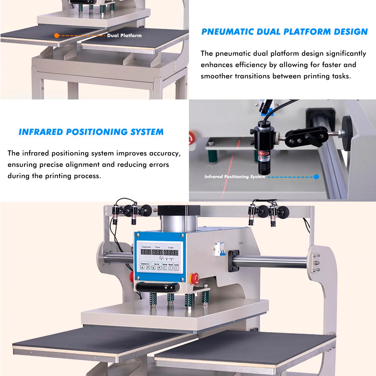 공압 열 프레스 기계 16" X 24" 적외선 포지셔닝 상향 슬라이딩 듀얼 플래튼 티셔츠 열전사 가정용 DIY 자동 모드