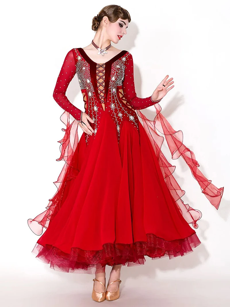 Standard Waltz Dance Dress Adult Red Shiny Diamond Tango Ballroom Competition Dancing Costume Women's Ballroom Dance Dresses