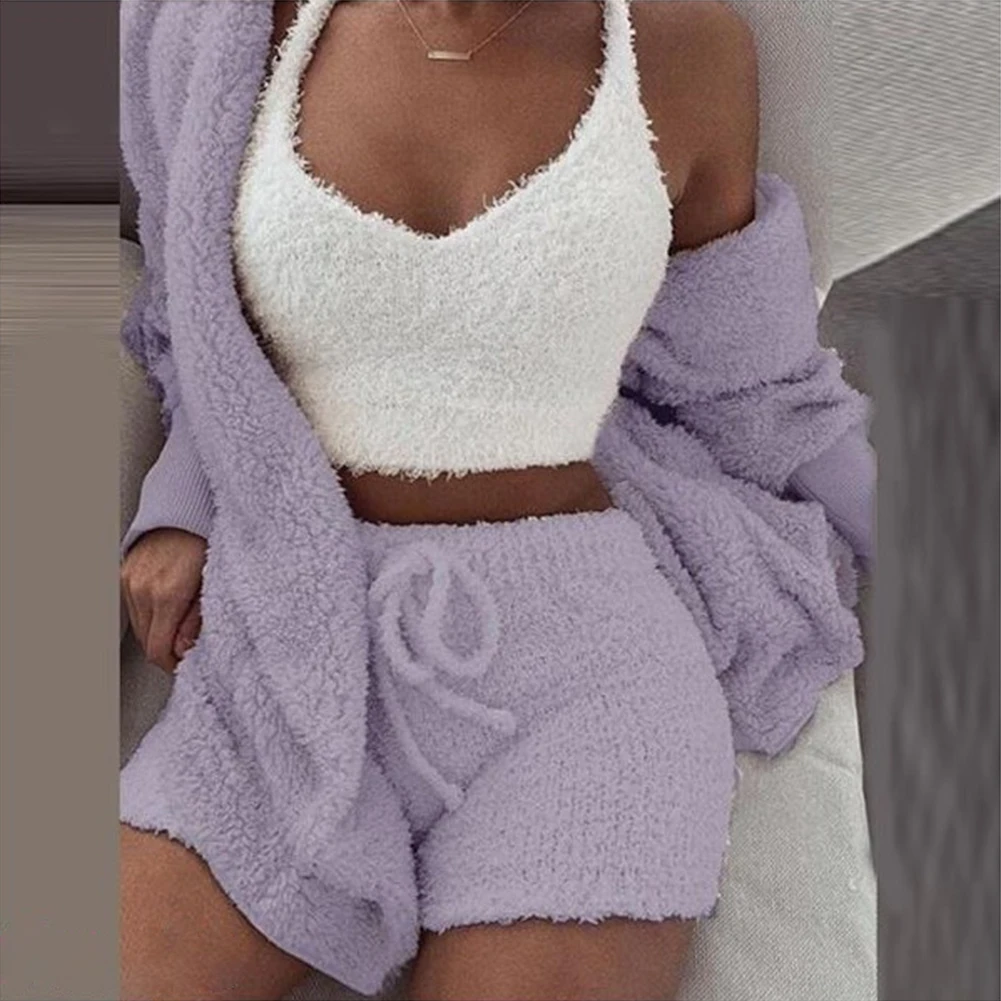 Sexy Womens Fleece Fluffy Fur Coat Deep V Neck Plush Tank Top Shorts Pyjamas Set Lounge Wear Loose Casual Keep Warm Nightwear