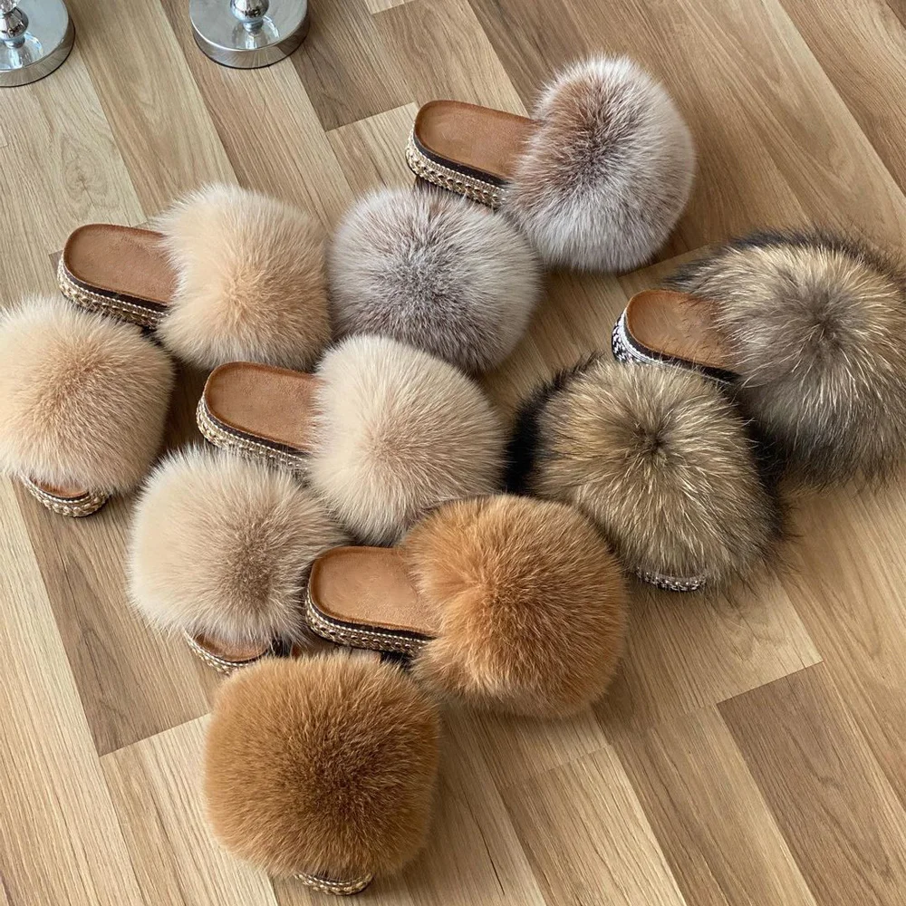 Slippers Women Summer Rivets Platform Shoes Sandals For Women Real Fur Heels Luxury Slides 2023 Fashion Outdoor Ladies Sandals