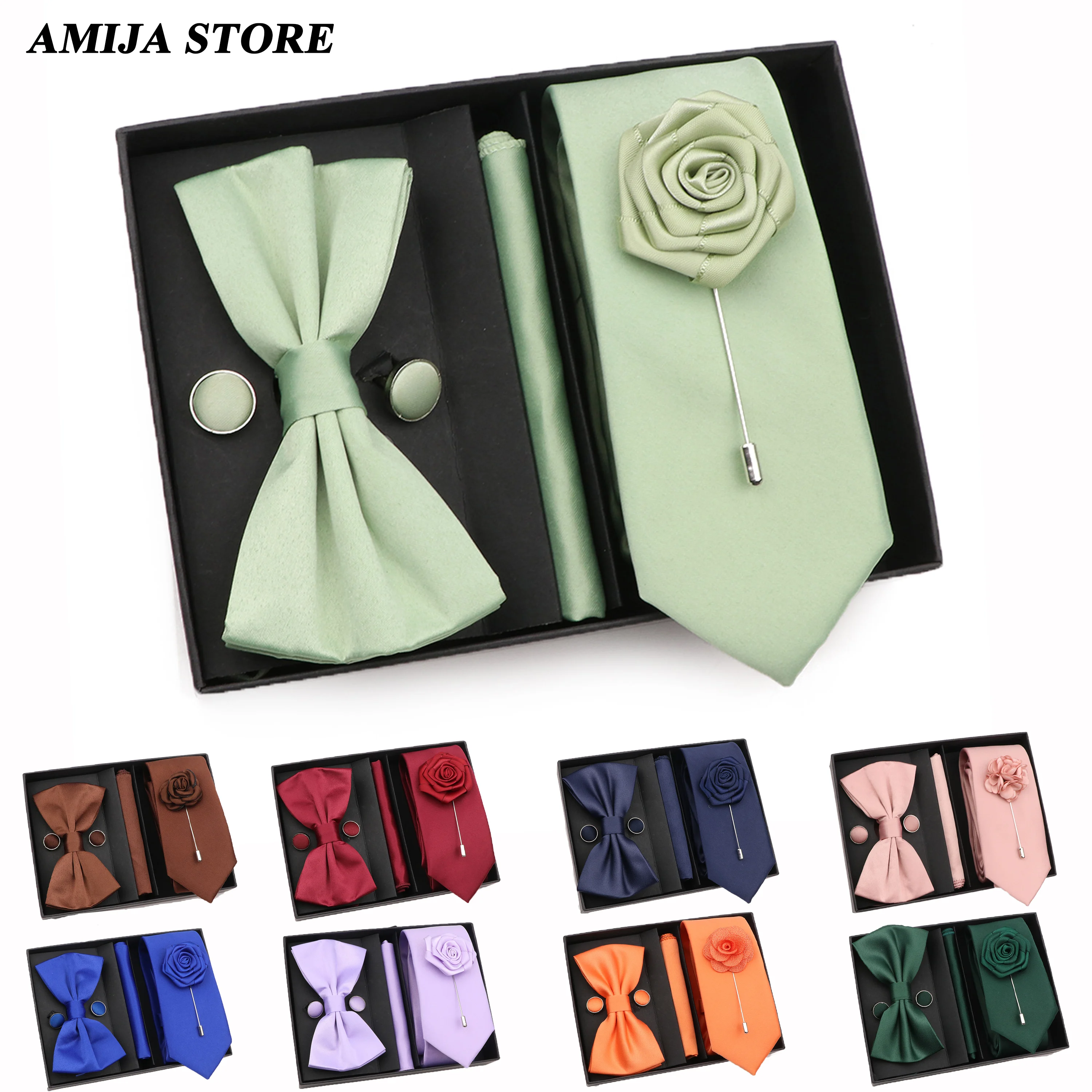 

Wedding Ties Hanky Cufflink Brooch Set Gift Box Green Pink Necktie For Men Gravatas Colorful Men Bussiness Party Daily Accessor