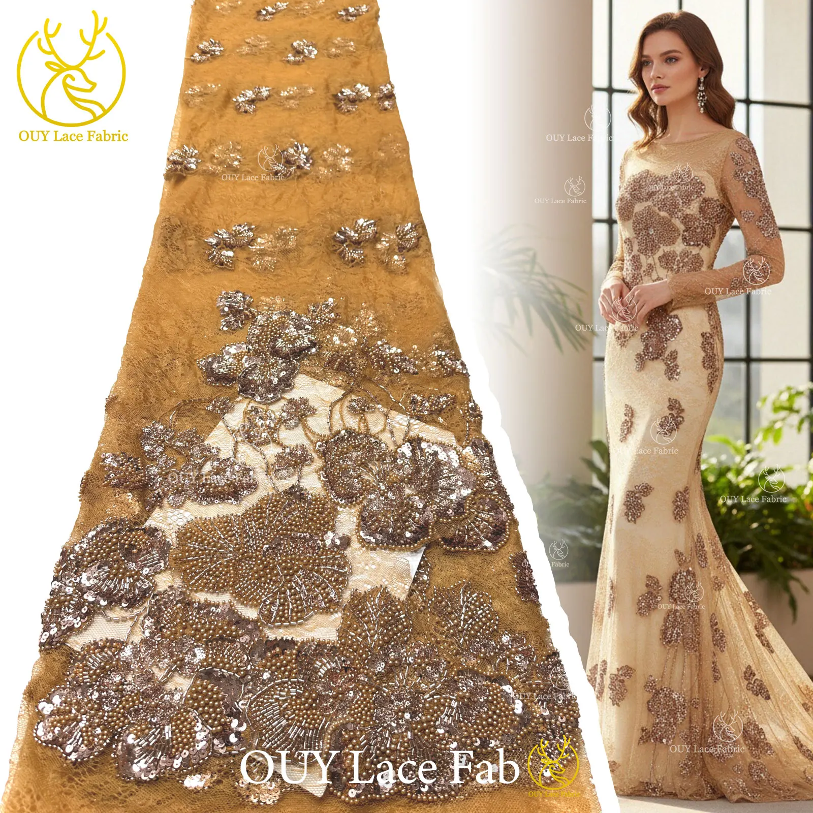 

Африканская кружевная ткань с бисером, 5 ярдов роскошной нигерийской французской кружевной ткани с блестками идеально подходит для шитья женских вечерних платьев