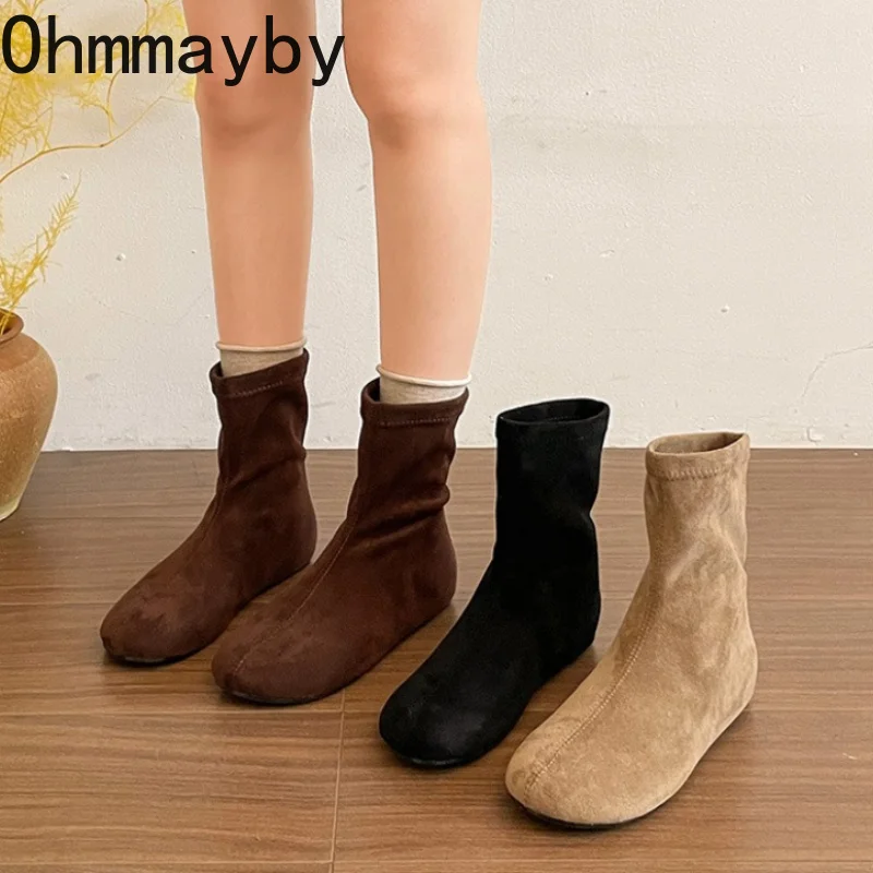 Women Suede Elastic Ankle Boots Round Toe Hidden Wedge Heel Shoes Retro Casual Slip On Ladies Fleece Lined Slim Short Boots
