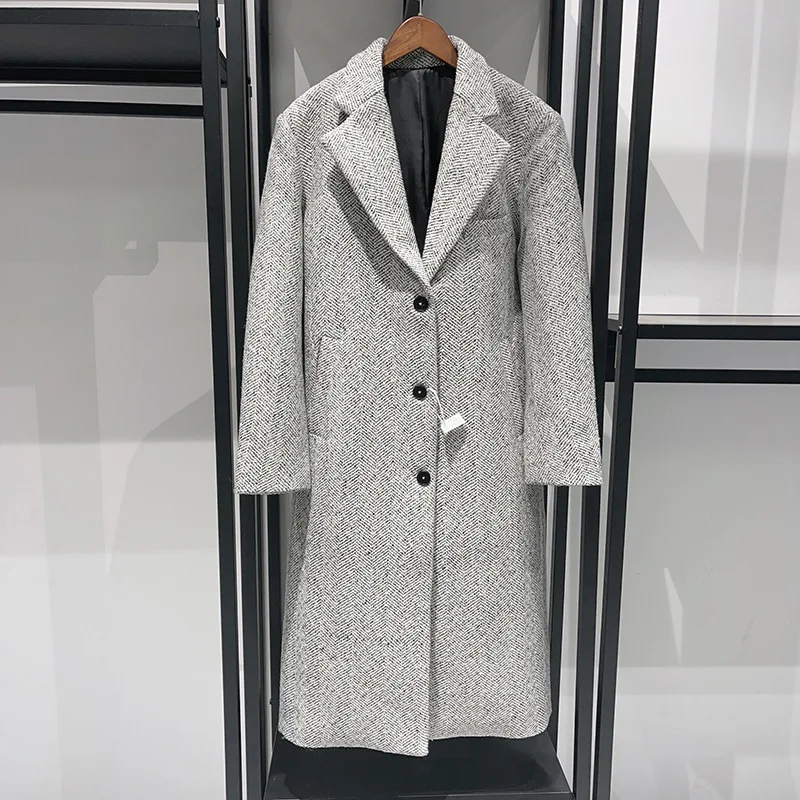 

Women's black woolen trench coat office ladies elegant winter warm clothes