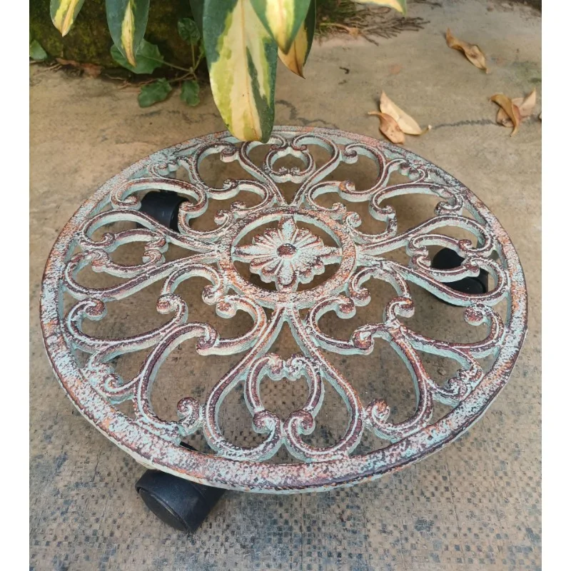 

Movable flower stand with wheel large potted plant round tray garden balcony cast iron base