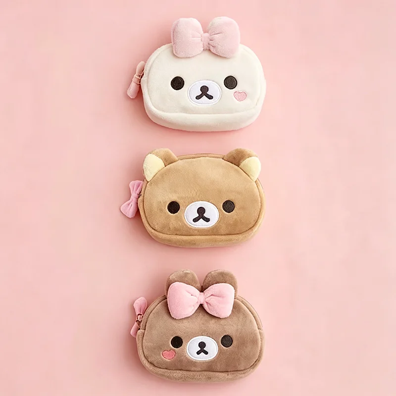 Rilakkumas Bär Kosmetiktasche mit Spiegel, Cartoon Korilakkuma Schleife, Plüsch-Aufbewahrungstasche, Organizer, Kawaii, süße Reise-Kosmetiktasche, Beutel – Detail 3