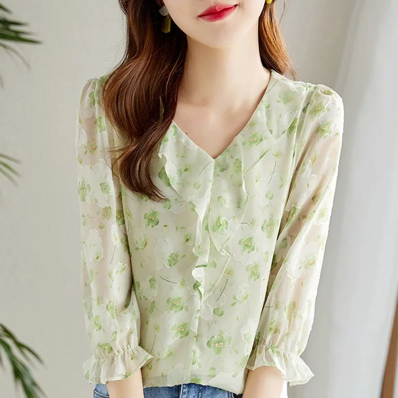 Fashion Chiffon Shirt Women's 2023 Spring Summer New Ruffles 3/4 Sleeve V-Neck Korean Fragmented Blouse Top Print Pullover Sweet