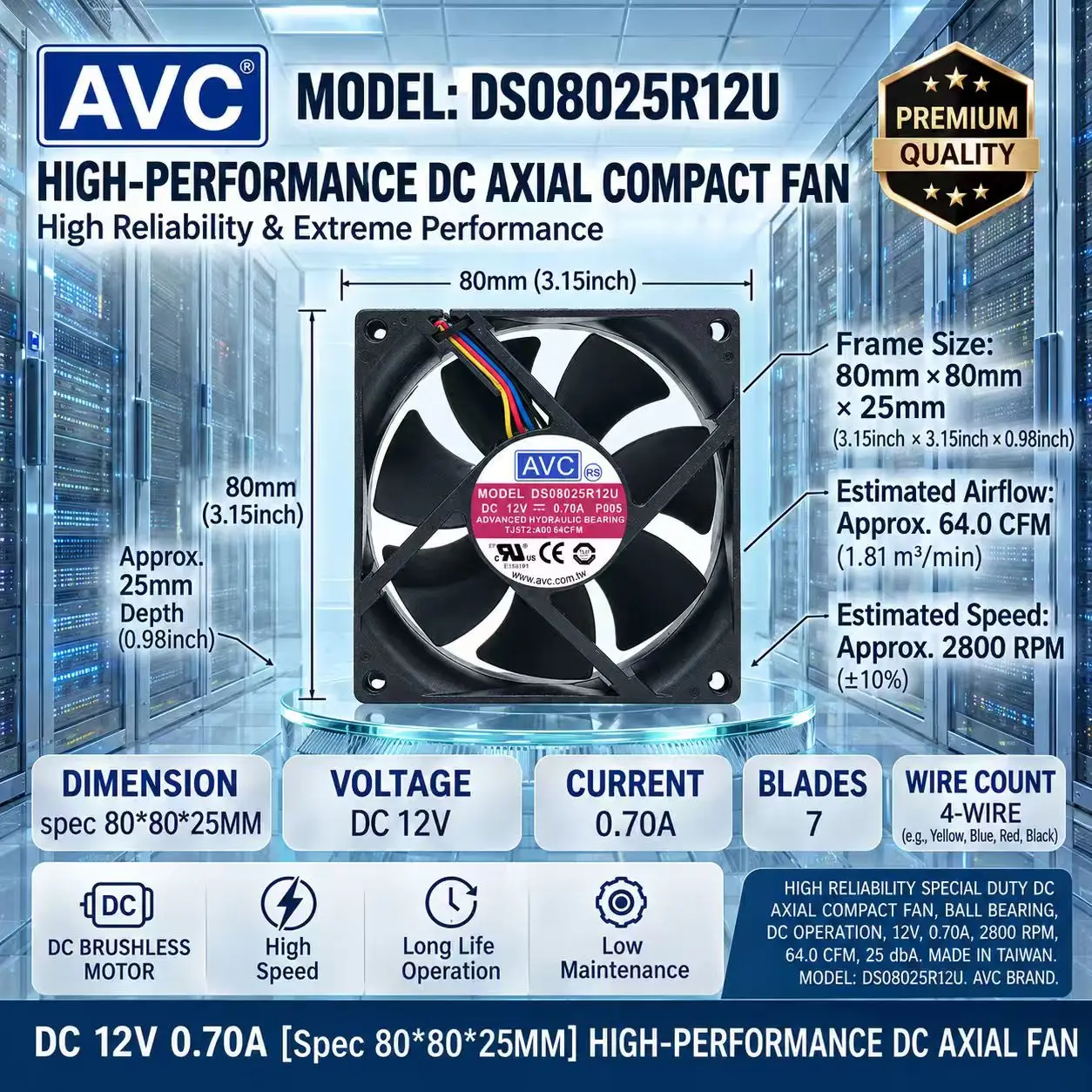 For AVC DS08025R12U DC 12V 0.70A 8025 80x80x25mm Hydraulic Bearing 64CFM 2800RPM 4Pin PWM Server Inverter Cabinet Axial Fan