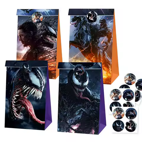 Venom Eddie Brock 12/24pcs Set Candy Gift Packaging Paper Bags Action Figures Handbag Birthday Halloween Decoration Popcorn Bag