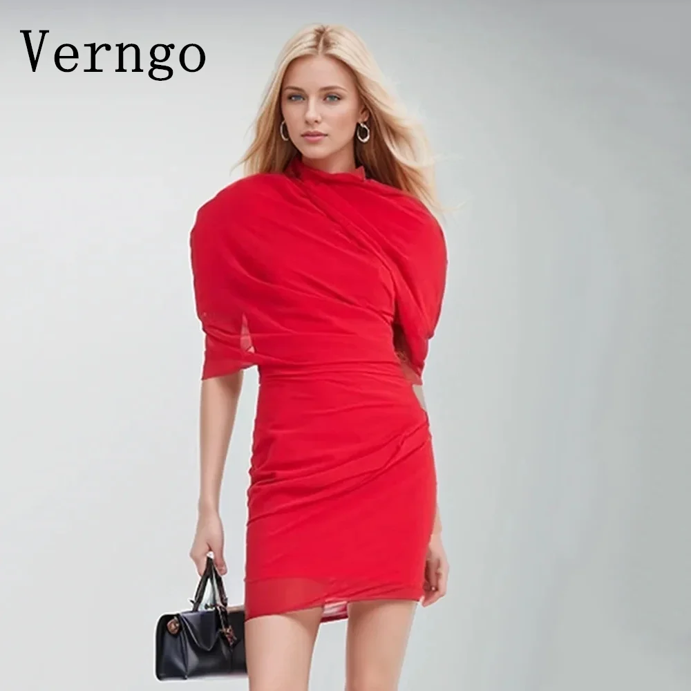 

Verngo Red Mini Sexy Prom Dreess O Neck Cap Sleeves Celebrity Gown Evening Dress Backless Mermaid Party Night Dinner Dress