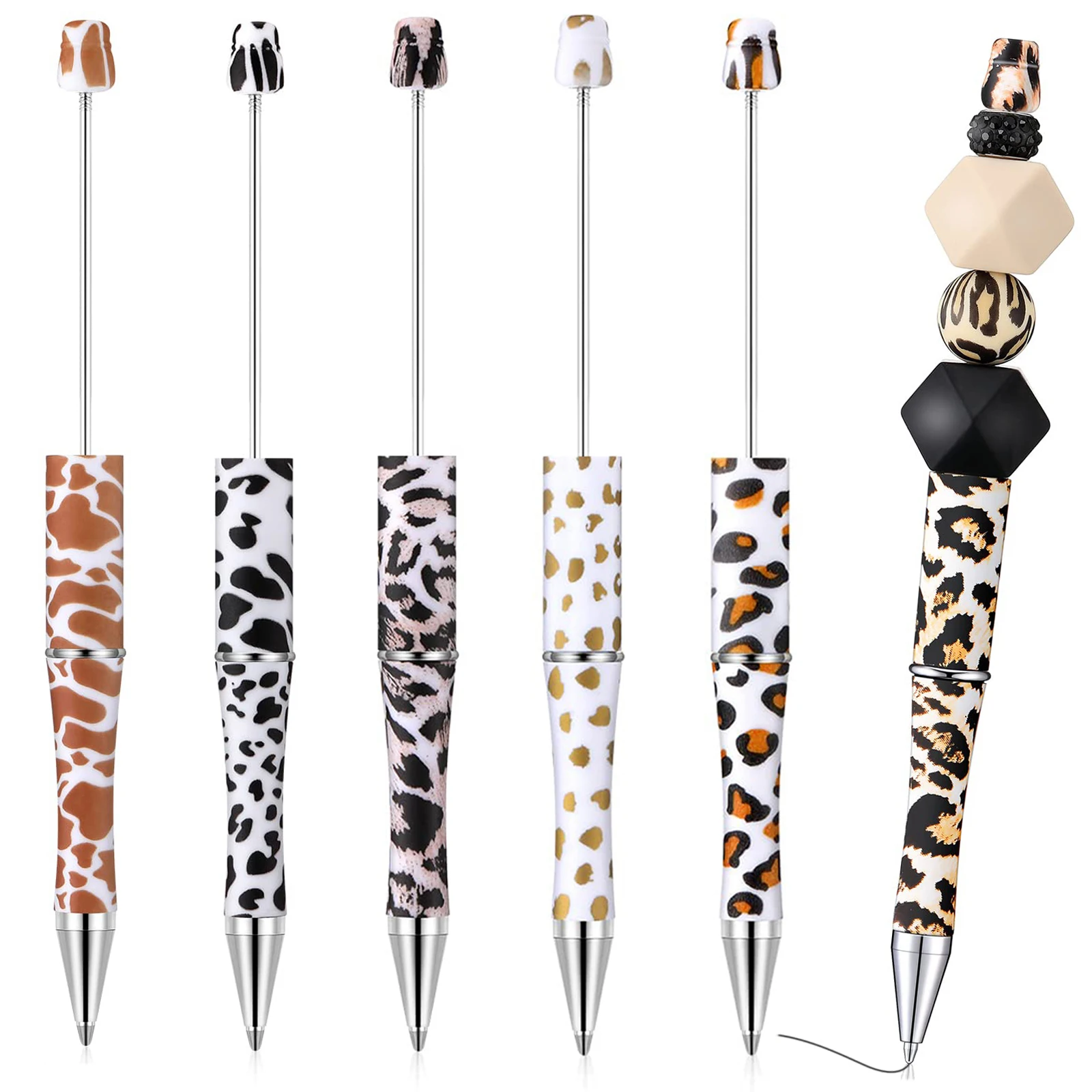 36Pcs DIY Beaded Pen Creative Print Flower Pattern Beaded Ballpoint Pens Leopard Print Cow Spot Beaded Gift Pen School Pen