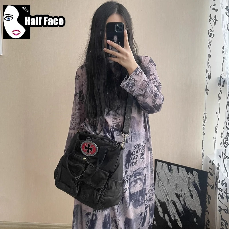 Y2K Girl Harajuku Women Gothic Punk One Shoulder Lolita Cross Made Old Copper Large Capacity Fashion Handbag Crossbody Bags Tote