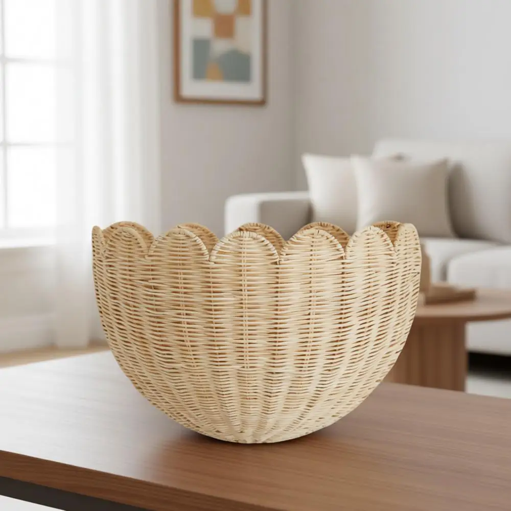 

Плетеная вручную настенная корзина с фигурным краем - 16 x 10 x 7 - Натуральная декоративная подвесная корзина