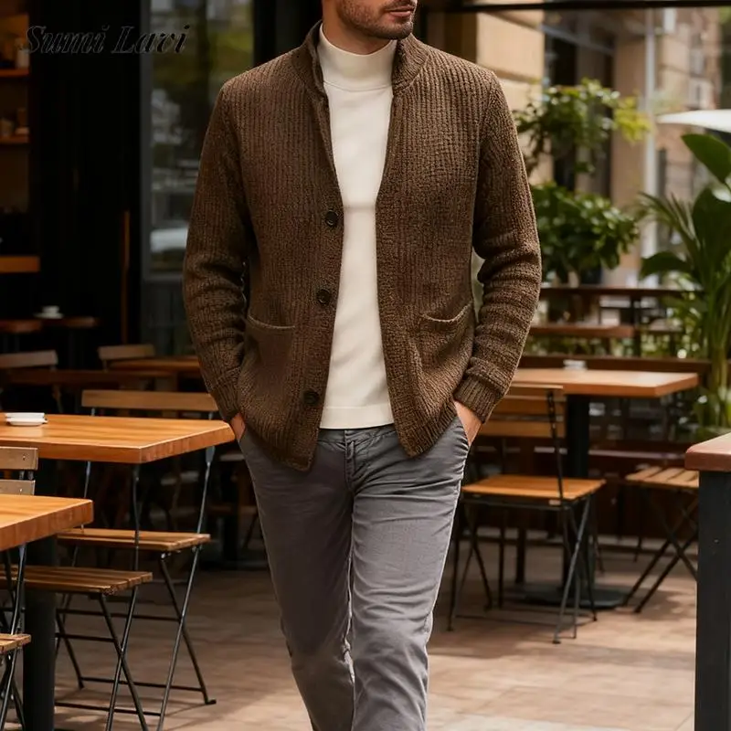 

Винтажный вязаный кардиган на пуговицах с воротником-стойкой, мужской повседневный однотонный вязаный пиджак с длинными рукавами, пальто, мужские весенне-осенние свитера