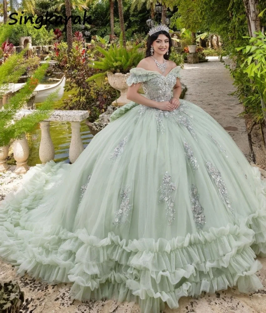 

Exquisite Sage Green Quinceanera Dresses Princess Bead Crystals Appliques Birthday Gowns Vestidos De 15 With Bow Customized