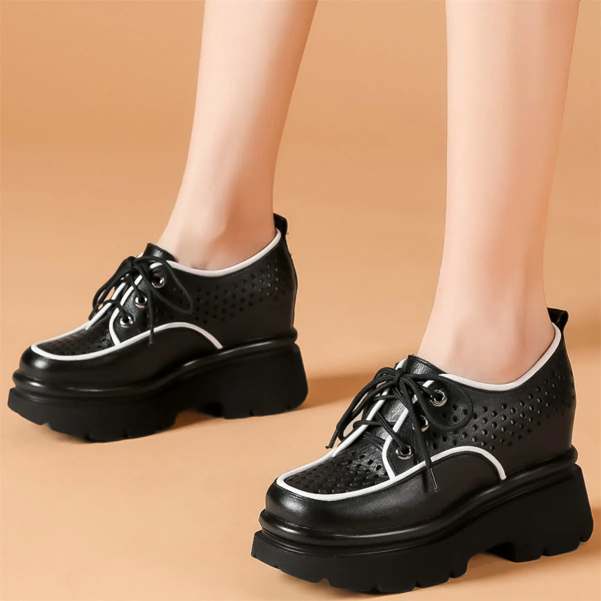 Low Top Platform Creepers Women Lace Up Genuine Leather Wedges High Heel Pumps Female Round Toe Fashion Sneakers Casual Shoes