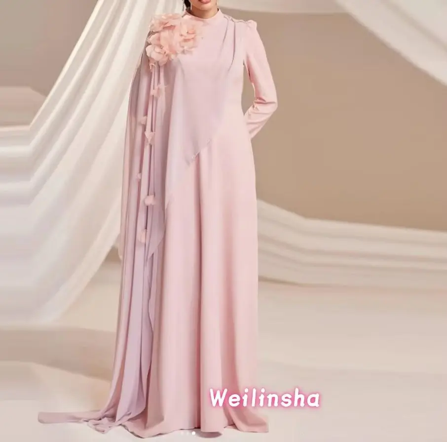 

Customized Elegant Women Handmade Flower Beading A-Line Evening Dresses Modern Style High Collar Long Sleeves Prom Gowns