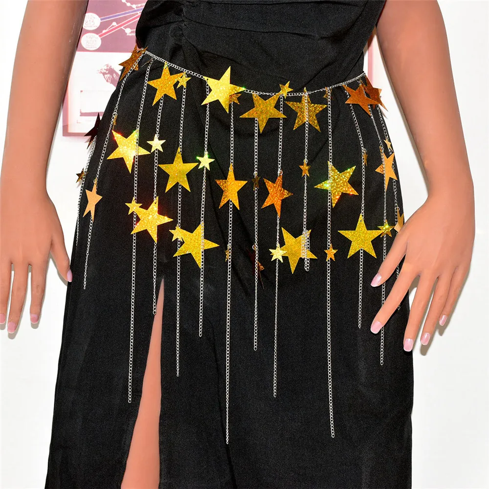 Fashion Sexy Big Star Sequin Pendant Waist Chain for Women Long Tassel Belly Chains Beach Dress Dance Wear Body Jewelry 2022