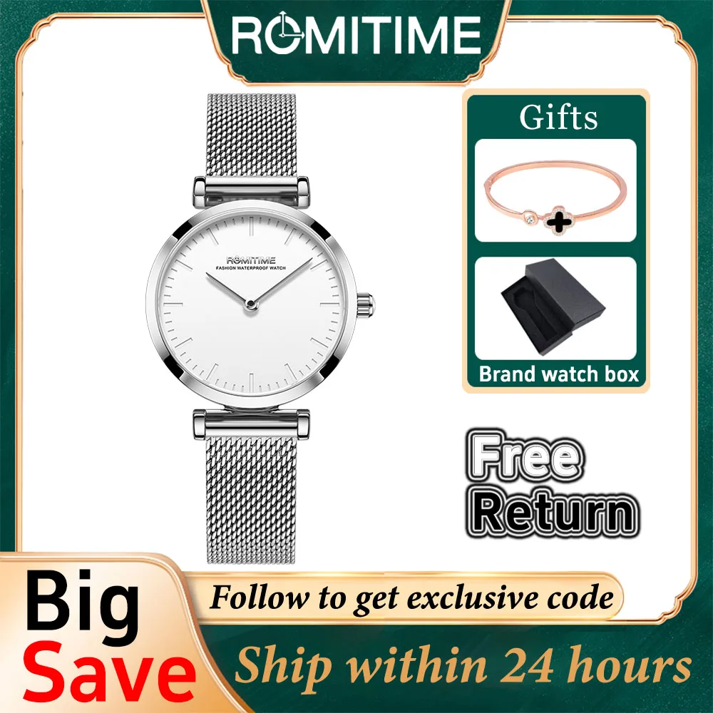 

ROMITIME Ultra thin Women's Watches Fashion High Quality Stainless Steel Mesh Strap Quartz Watches For Women Ladies Waterproof