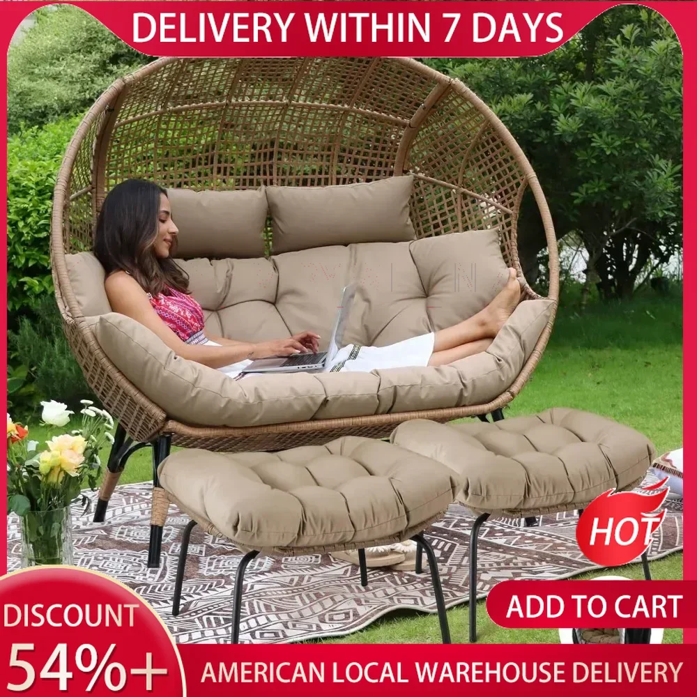 

Indoor Outdoor Double Egg Chair with Footstools & Cushions, Oversized Wicker Egg Shaped Chair,Patio Backyard Garden Sunroom