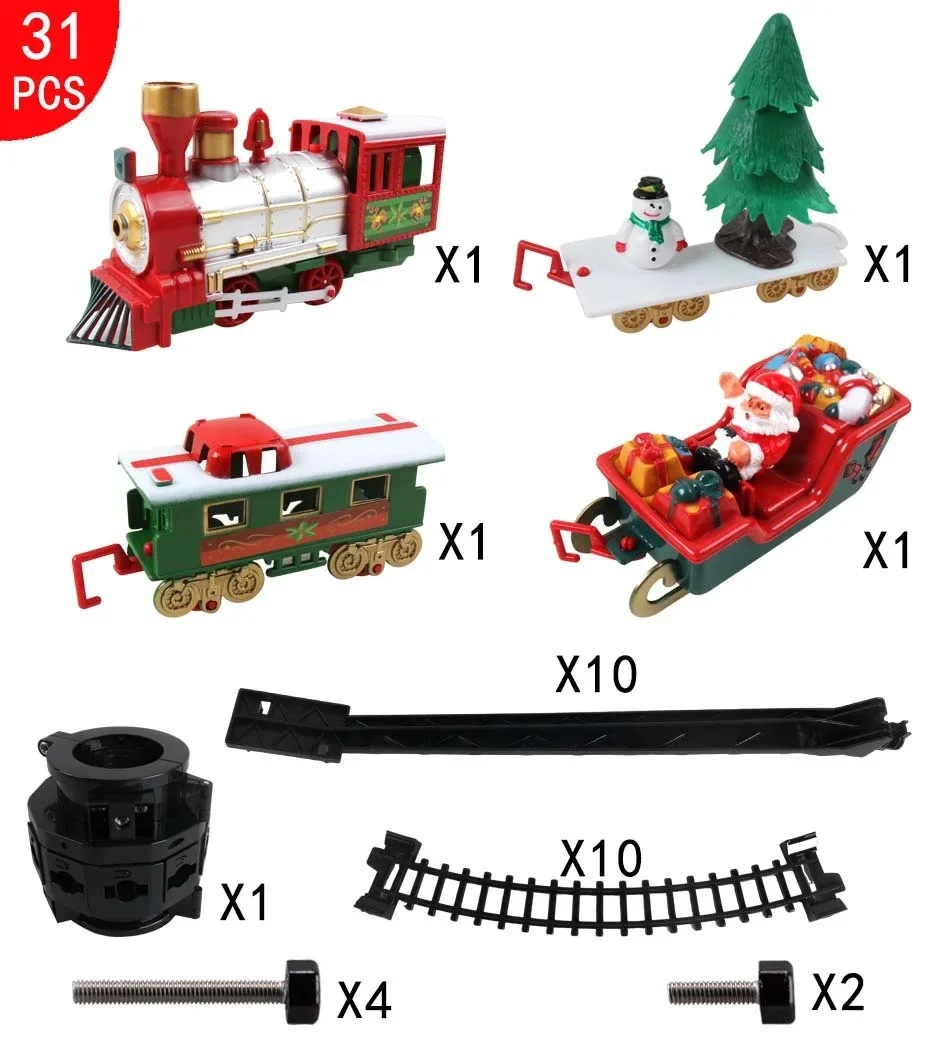 Kinder können Weihnachts züge aufhängen, mit Ton und Licht dekorieren, Spielzeug autos, Geschenke, Bäume umwickeln, elektrische Eisenbahn wagen