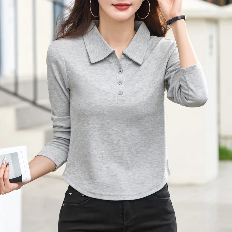 Age-Reducing, Belly-Covering Casual Long-Sleeved Shirt with a Turn-Down Collar for Middle-Aged Women, Loose-Fitting Top Suitable for Weekend Wear, Polyester Fabric, Stylish and Comfortable