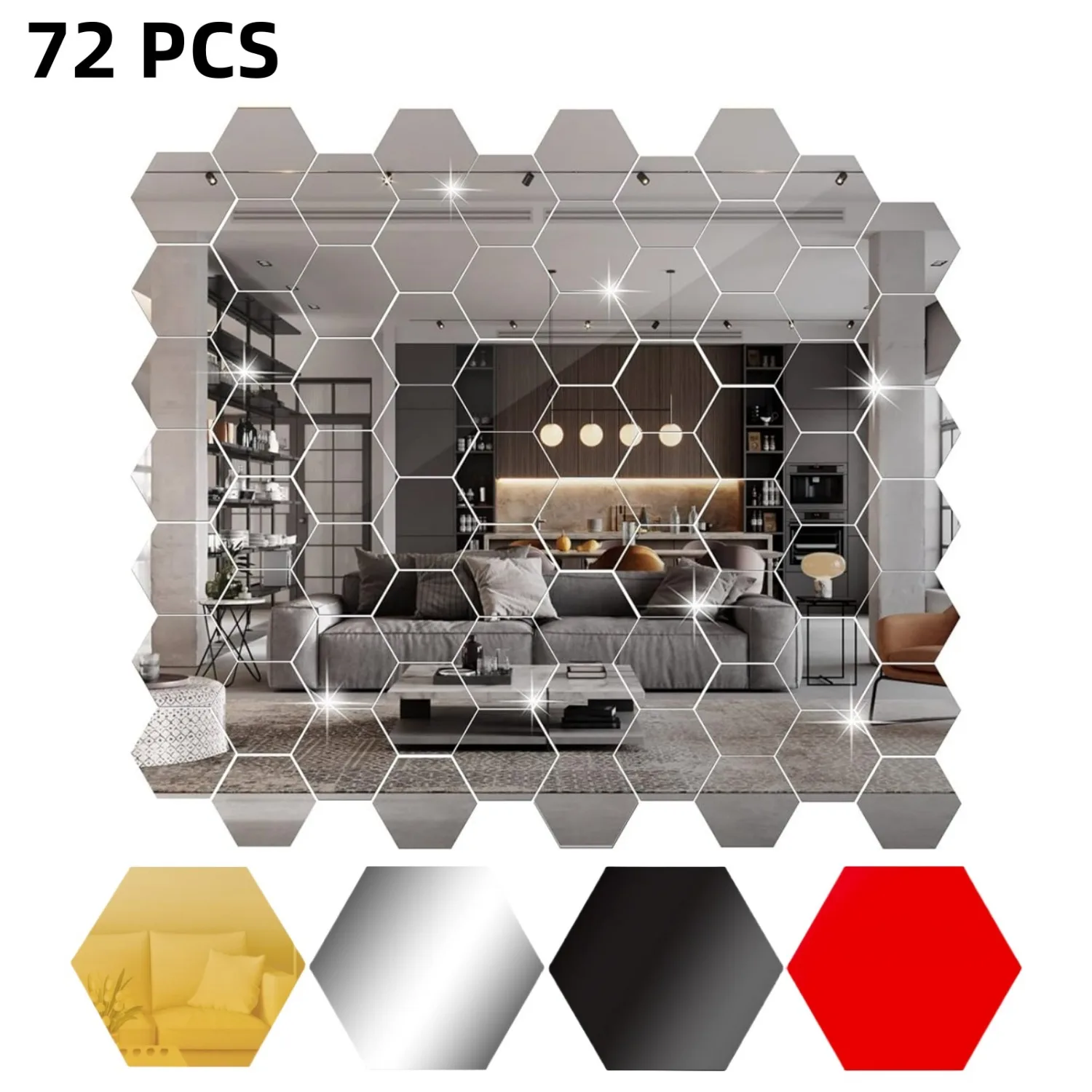 72PCS Wall Stickers DIY Wall Decals Acrylic Mirror Sticker Set Hexagon Mirror Wall Stickers for Living Room Bedroom Decor
