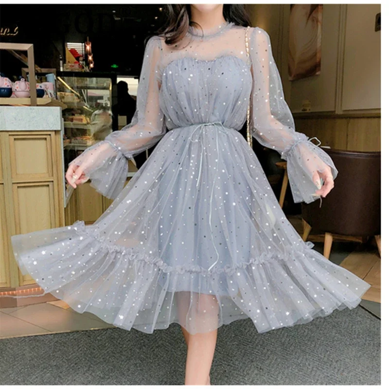 

New Arrivals Summer Women Lace Dress Sequined Appliques A-line Mesh Patchwork Solid Dress Fairy Long Sleeves Knee-length Dress