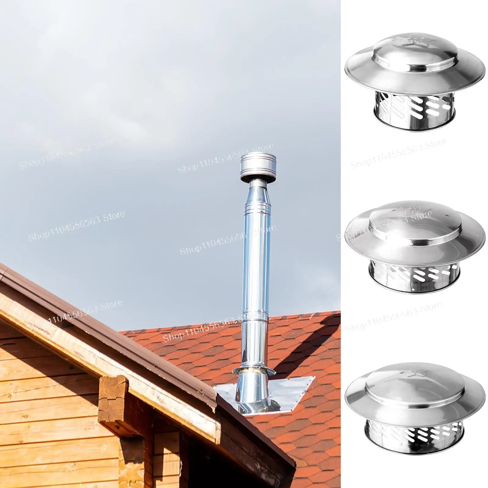 304 Stainless Steel Chimney Rain Cap 80-220mm Adjustable Windproof Rainproof Vent Cover for Roof Exhaust Pipe